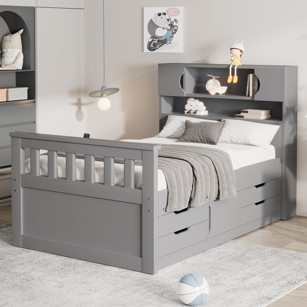 slide 2 of 9, Twin Size Captain Platform Kids Bed with 4-Drawers, Storage Bookcases & Shelves - Sturdy, Noise-Free Frame for Bedroom, Grey Grey - Twin