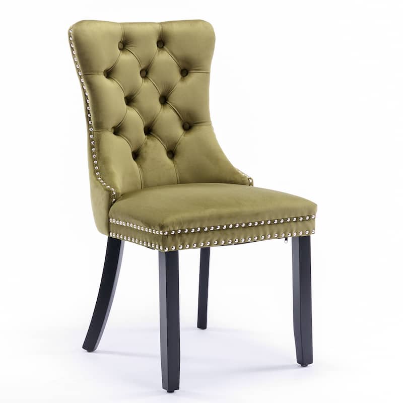 Upholstered Dining Chair With Wood Legs Nailhead Trim 2-Pcs Set - Olive Green