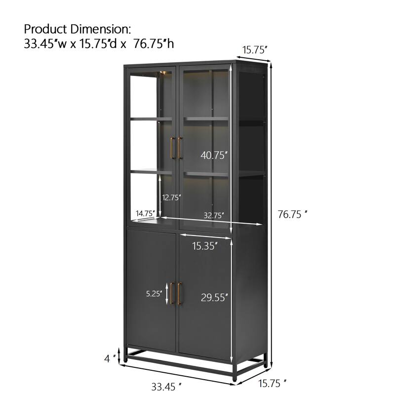 76.75'' Glass Display Cabinet w/LED Light, Tall Bookshelf with Double Glass Doors Bookshelves Bookcase