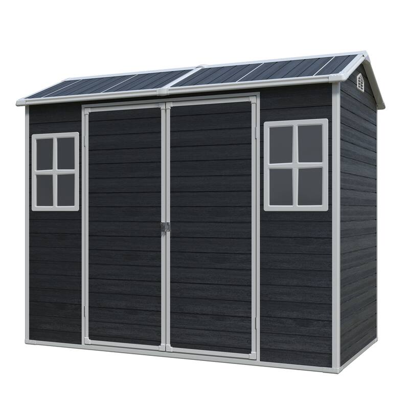 8ft x 4ft Outdoor Storage Shed – Plastic Shed with Two Windows, Double Doors & Floor for Garden, Patio, Yard & Lawn