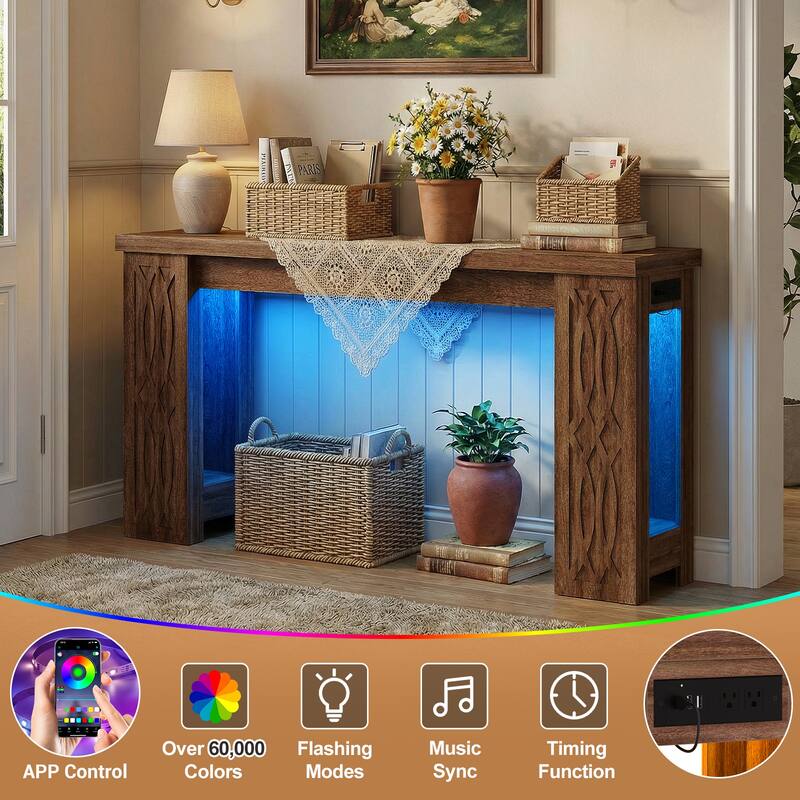 47" Farmhouse Console Table with RGB LED Light ＆ Power Outlets, Unique Carved Design Farmhouse Entryway Table Sofa Table