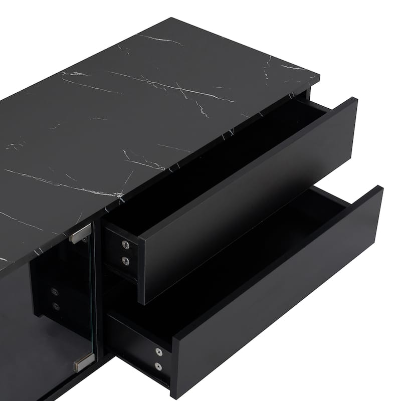 TV Stand for TVs up to 105", Modern Faux Marble Media Console with LED Lights, Tempered Glass Doors, 2 Drawers, Cabinets