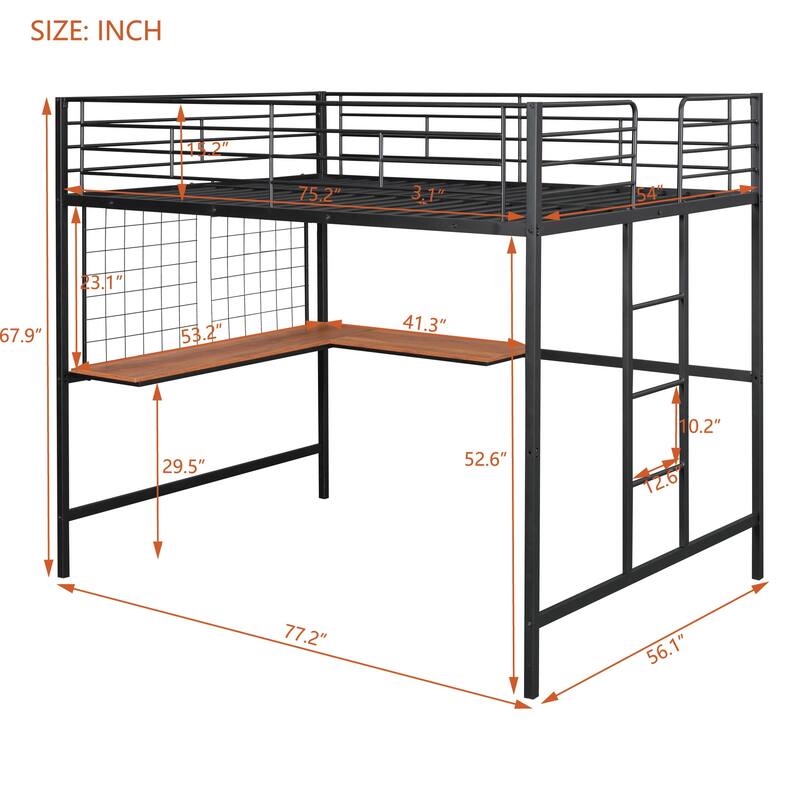 Metal Loft Bed with Desk, Ladder and Metal Grid for Kids, Teens, Girls, Boys