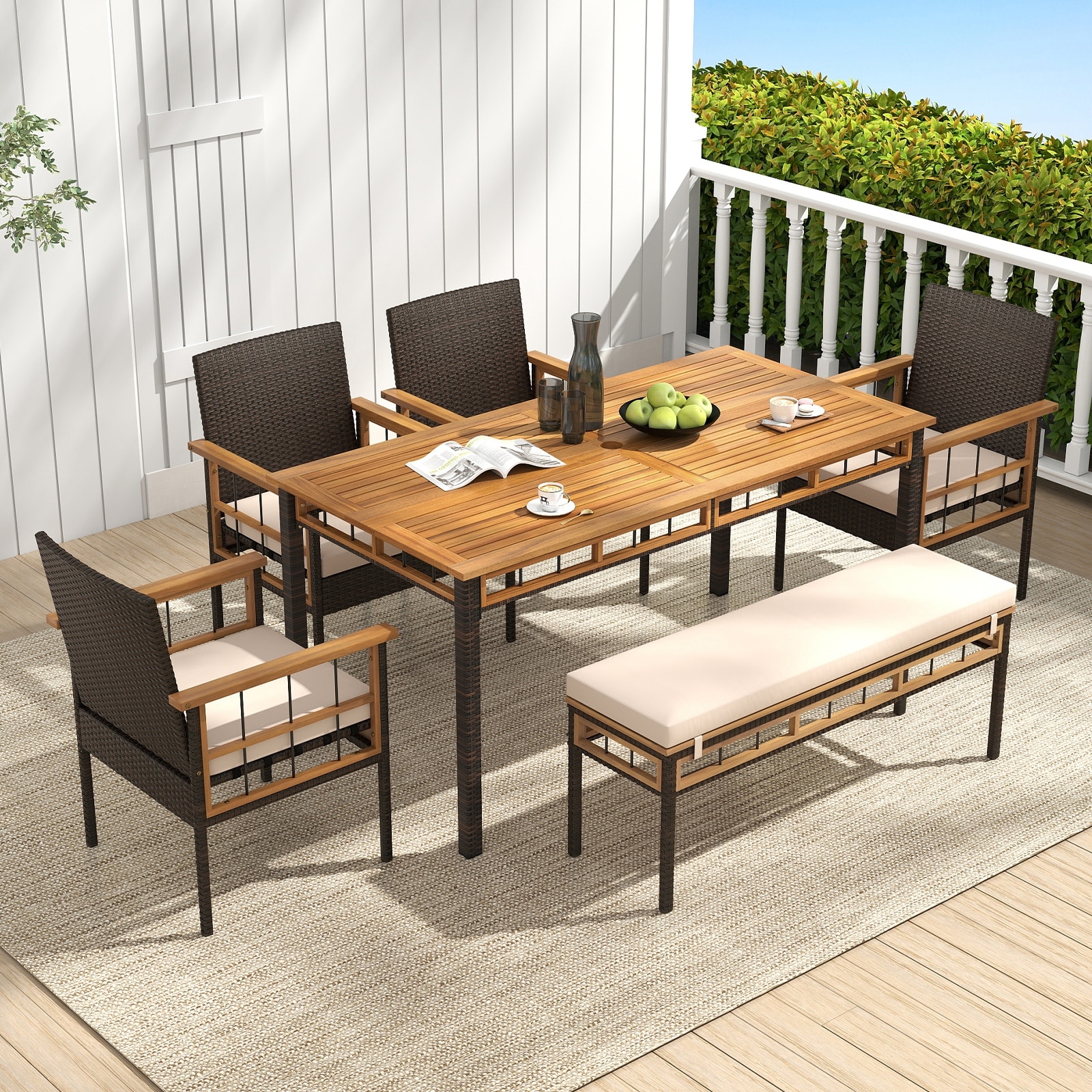 Gymax Set of 6 Acacia Wood Table Backless Bench 4 Armchairs w/1.97''