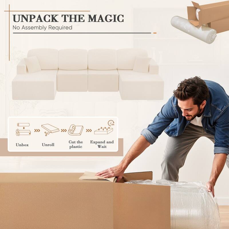 126" Modular Sectional Sofa, U Shaped Cloud Couches for Living Room, Upholstered Boneless Couch with Ottoman