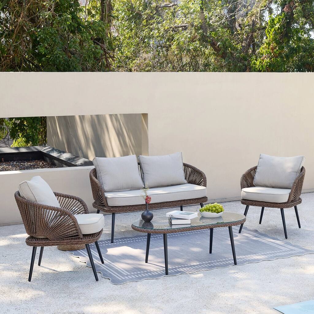 4-Person Outdoor Wicker Patio Conversation Seating Set with Coffee Table,