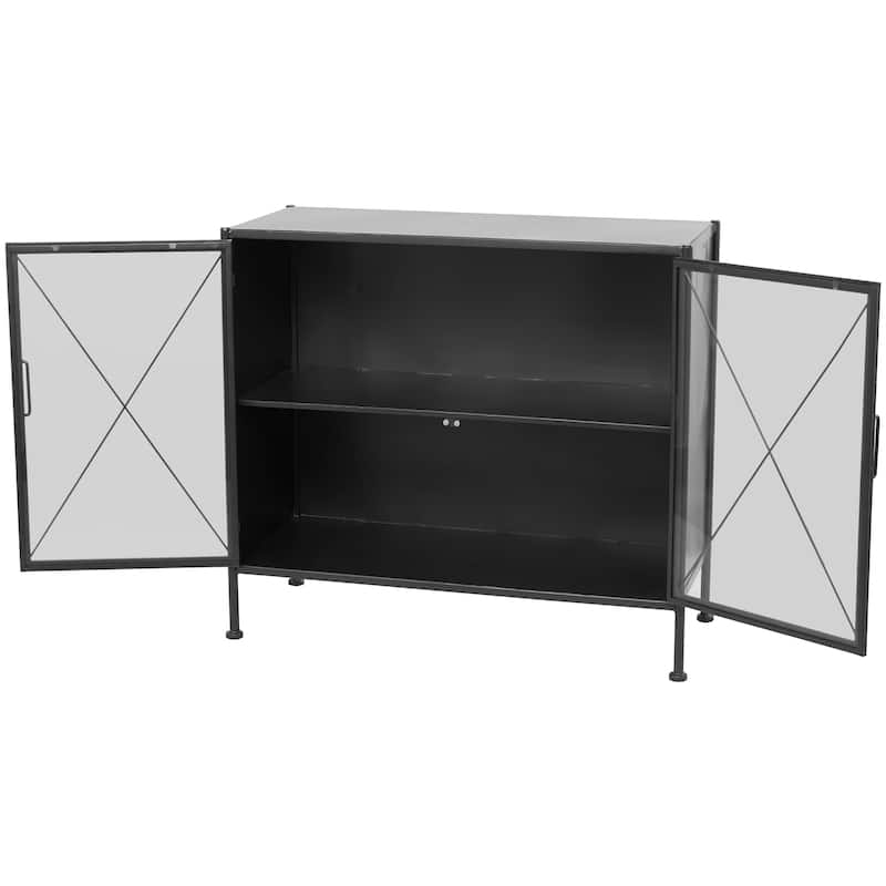 Metal Geometric 1 Shelf Cabinet with Glass Front Panels - Black or White - Roche River Decor
