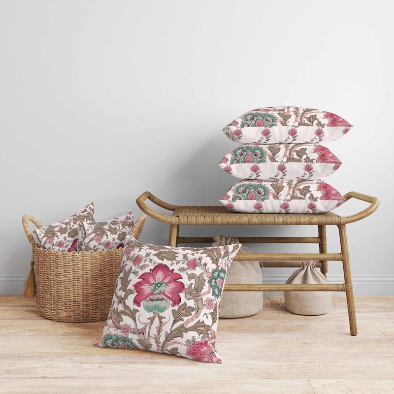 Mughal Era Garden Treasures Faux Suede Reversible Throw Pillow Pink and Camel