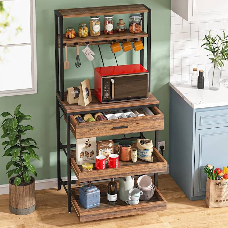 3-Shelf Kitchen Baker’s Rack with Drawers Pull-Out Shelf Microwave Storage and Steel Frame - 64.96”H x 31.50" W x 15.75”D