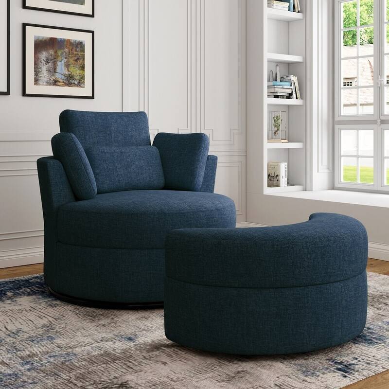 Modern Swivel Barrel Chair, Upholstered Swivel Accent Chair for Living Room - Chair Ottoman Set - Navy Blue/Chenille