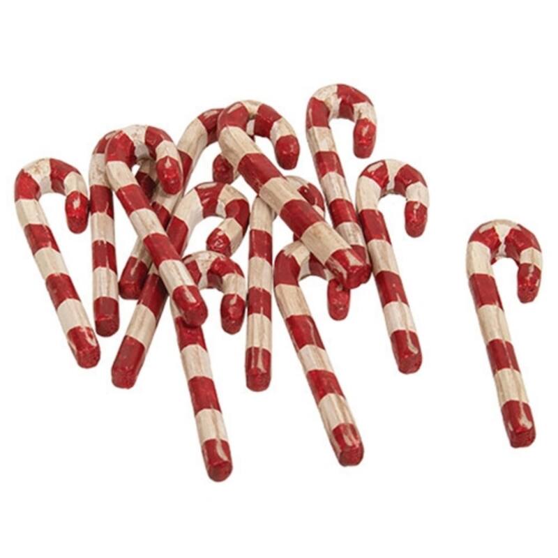 Set of 12 Mini Carved Resin Candy Canes Red and White Holiday Ornaments Vintage Finish - 0.25”L x 0.25”W x 3”W
