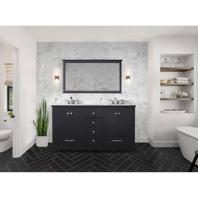 Dukes 60 in. W x 22 in. D Navy Blue Double Bath Vanity, Carrara Marble Top, and 58 in. Mirror