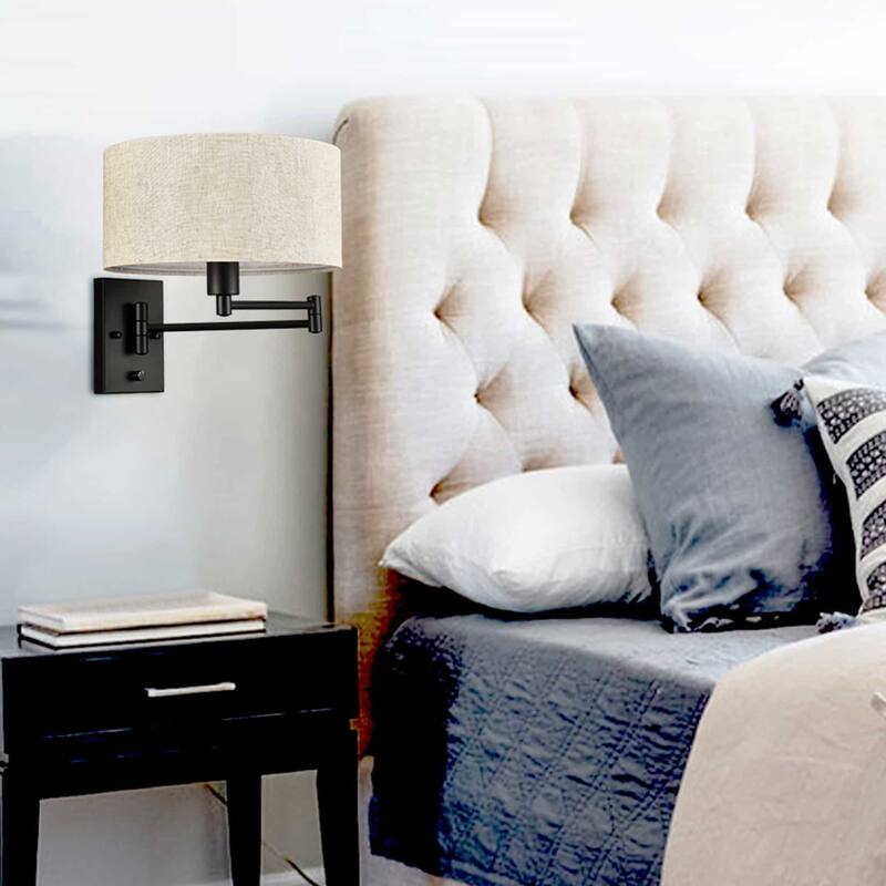 Cagli Black & Beige Shade Wall Sconces Plug-in & Hardwired Swing Arm Wall Lights, 1-Light