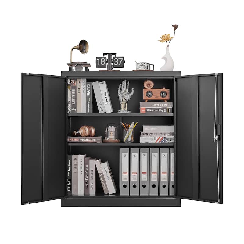 Black Lockable 2-Door Storage Cabinet with Adjustable Shelves Office Home Organizer - N/A
