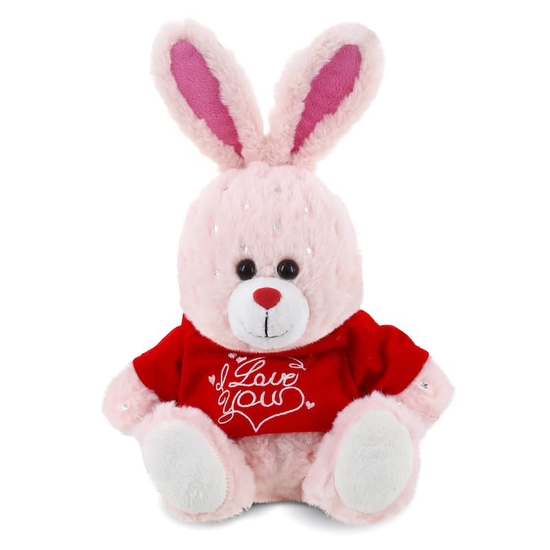 DolliBu I LOVE YOU Rose Gold Bunny Plush Animal with Red Shirt - 8 inches