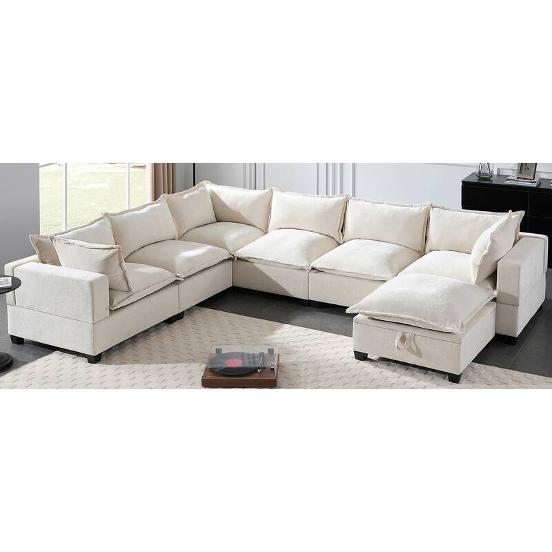 Roomfitters 117.5" Modular U-Shaped Sectional Sofa with Storage Ottoman, 7 Seat Wide Chenille Couch, Living Room Sofa