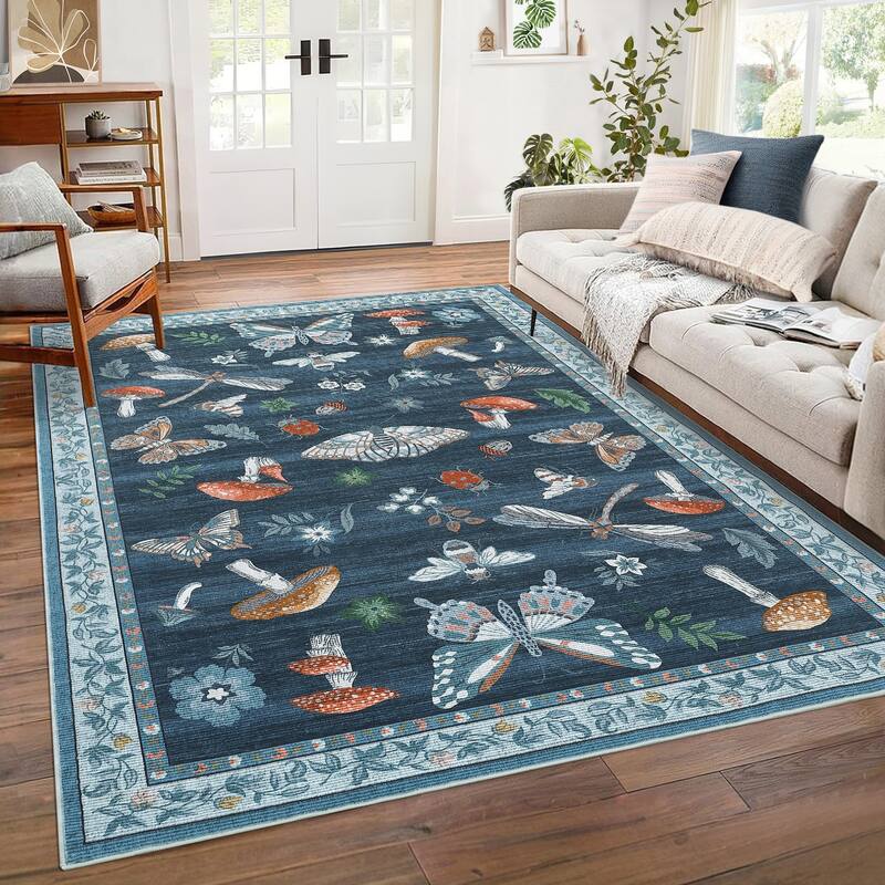 Area Rugs for Living Room Modern Insect Rug Mushroom Pattern Rug Soft Washable Non Slip Low Pile Rug - 8'x10' - Blue