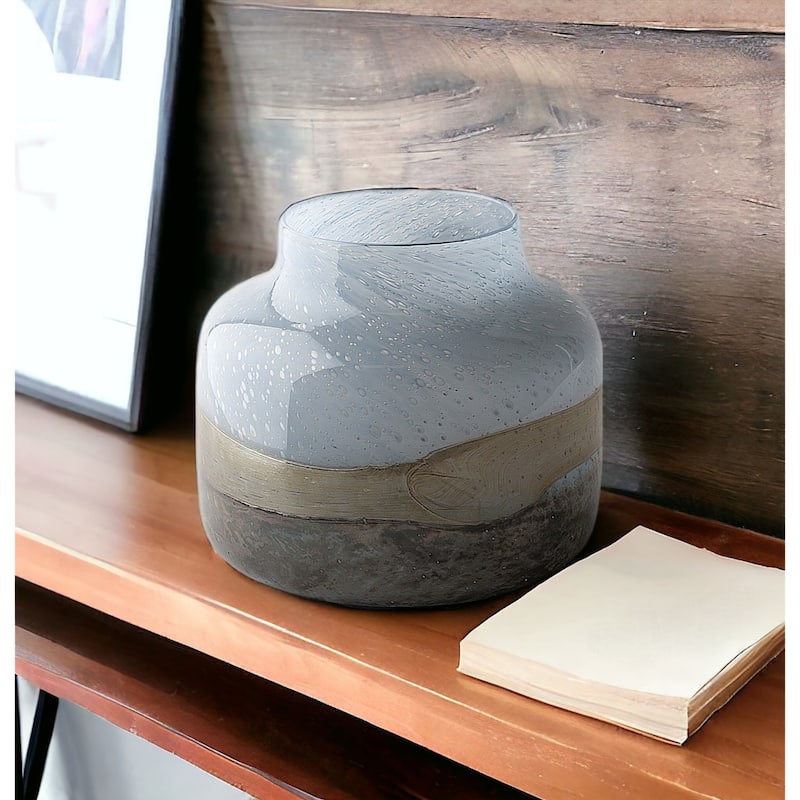 9'' Blue & Brown Seeded Glass Vase – Coastal Bubble Glass Accent for Tabletop, Mantle, or Bookshelf - 10" x 10" x 9"