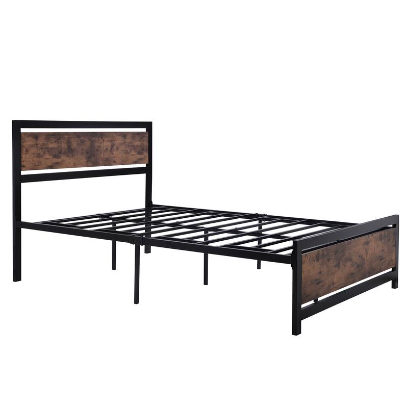 Full Size Metal Platform Bed with Wood Headboard&Footboard, No Box
