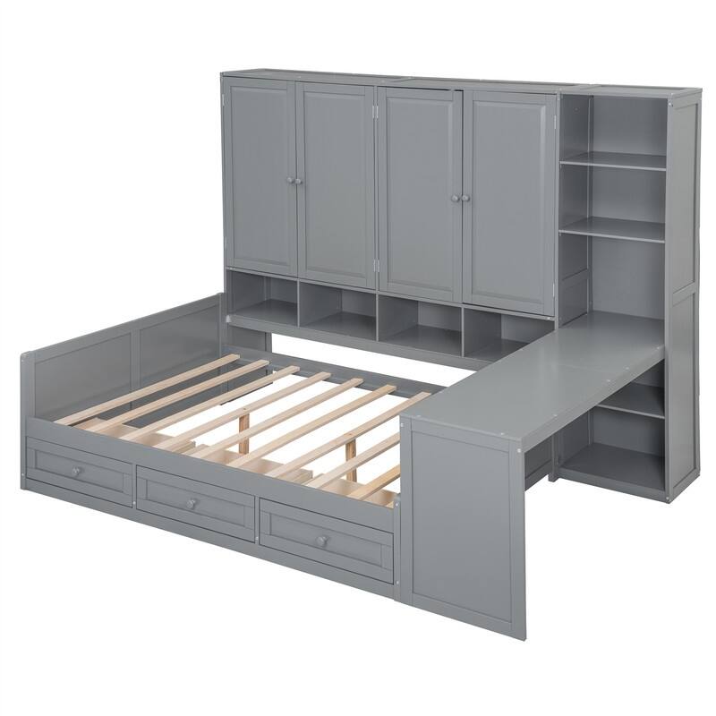 Twin/Full Size Daybed with All-in-One Cabinet and 3 Drawers, Wooden Daybed Frame Sofa Bed with Desk and Storage Shelves