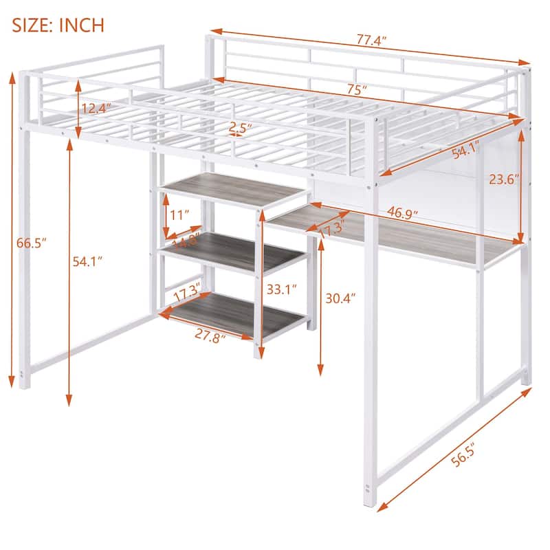 Metal Loft Bed with Shelves, Desk, Whiteboard & Ladder