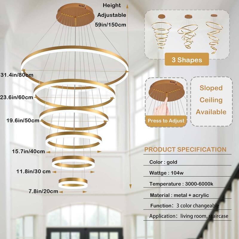 6 Ring Large Chandelier Light Fixture Modern LED Chandlier for High Ceiling