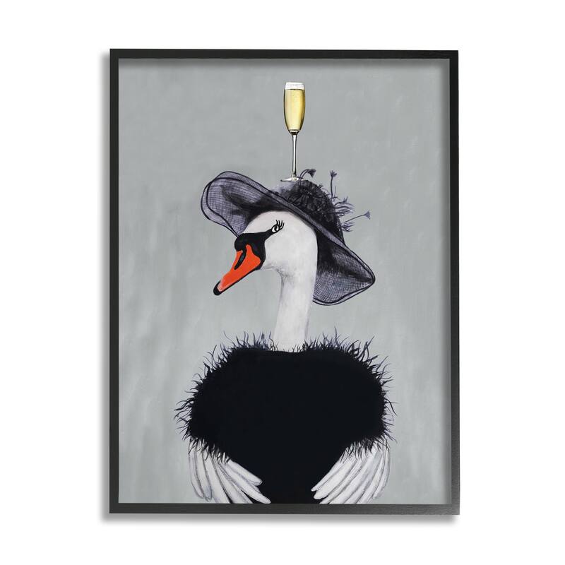 Stupell Fashionable Swan Champagne Glass Wearing Hat Dress Framed Wall Art - Black