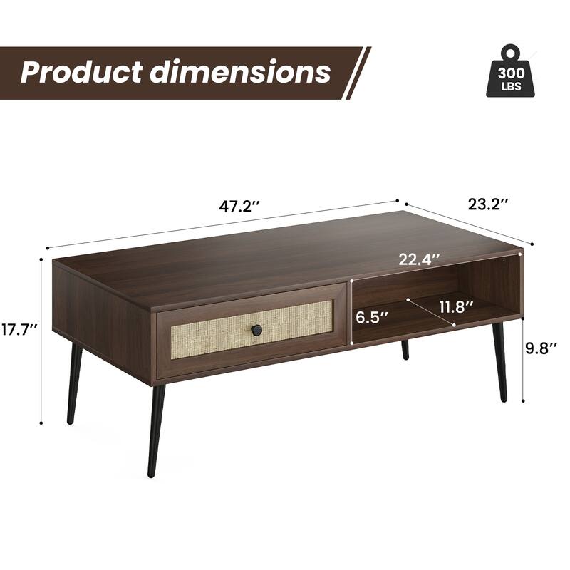Modern Coffee Table, 47 Inch Rectangle Console Table with Drawer & Shelf, Wooden Coffee Table for Living Room, Office