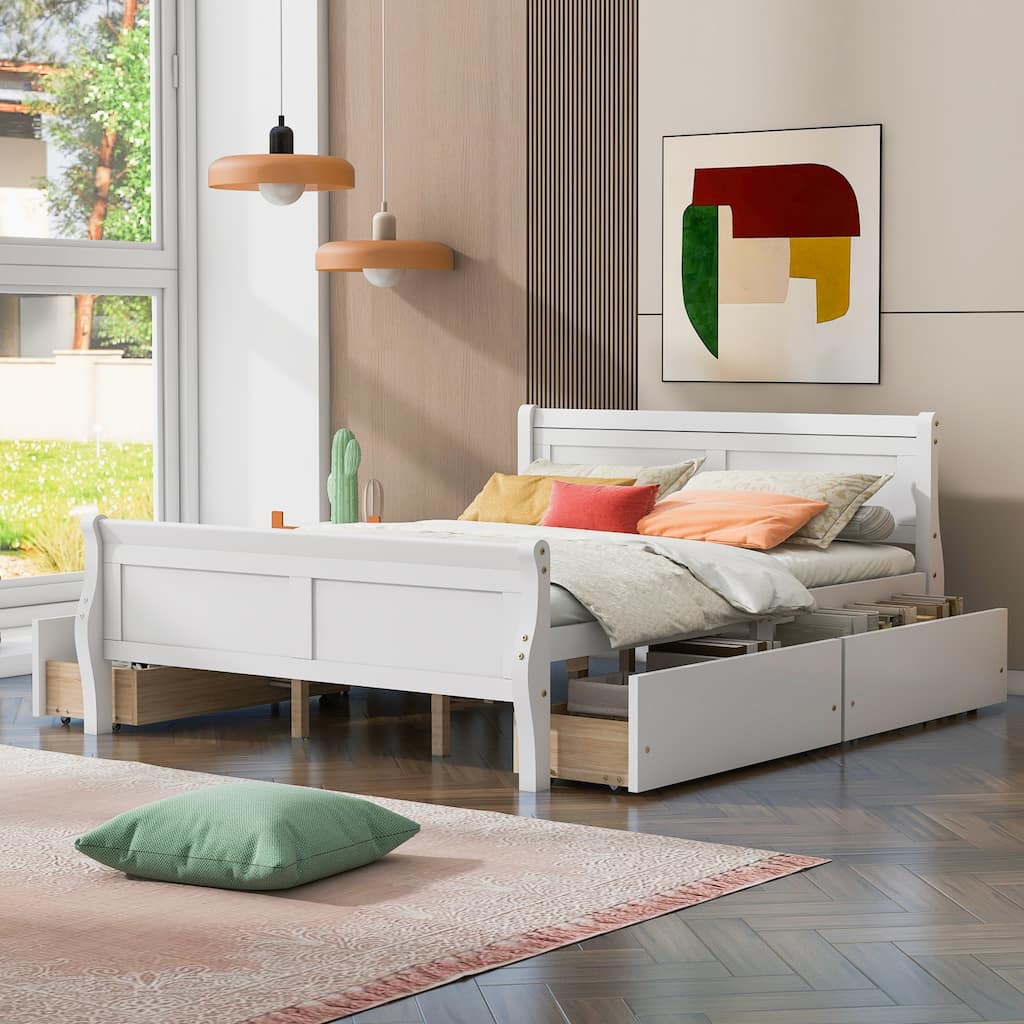 Wood Platform Bed with 4 Drawers and Streamlined Headboard & Footboard
