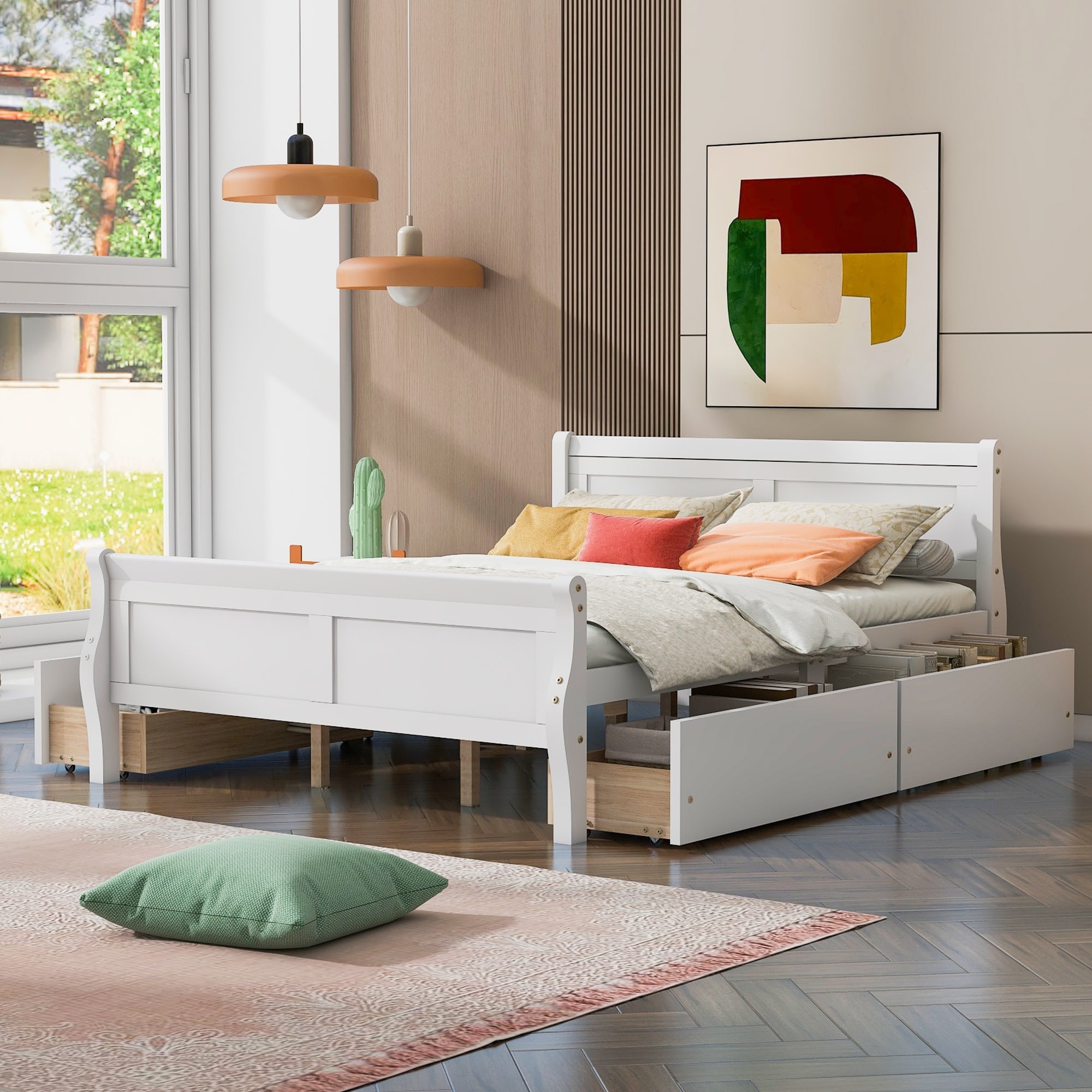 Wood Queen White Panel Platform Bed Storage Bed Frame with 4