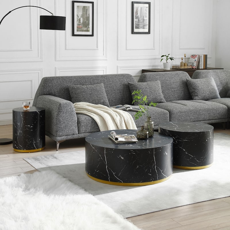 Modern Faux Marble Coffee Tables for Living Room, 35.43inch Accent Tea Tables with Gold Metal Base