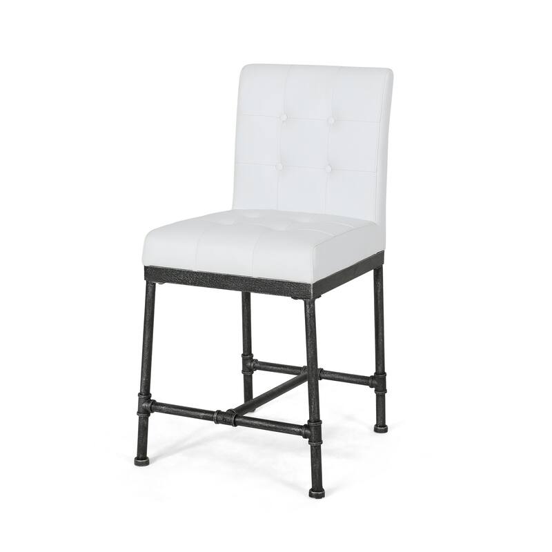 Bruke Counter Height Chair Set of 2, White Tufted Faux Leather, Metal