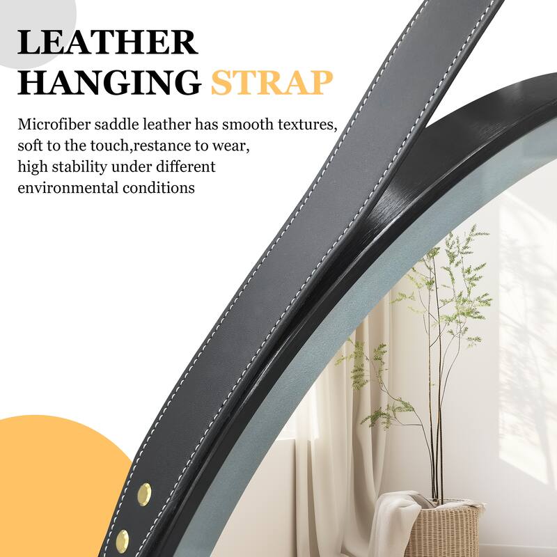 Round Black Framed Bathroom Mirrors Vanity Lighting with Microfiber Leather Hanging Strap