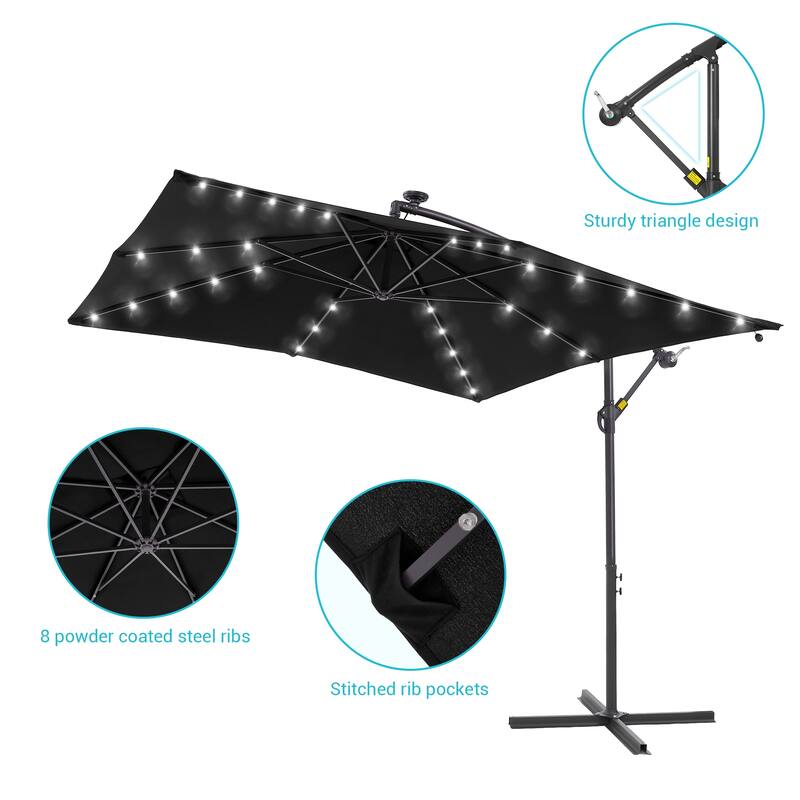 BONOSUKI Patio 8.2Ft LED Offset Umbrella,8 Steel Ribs w/Cross Base