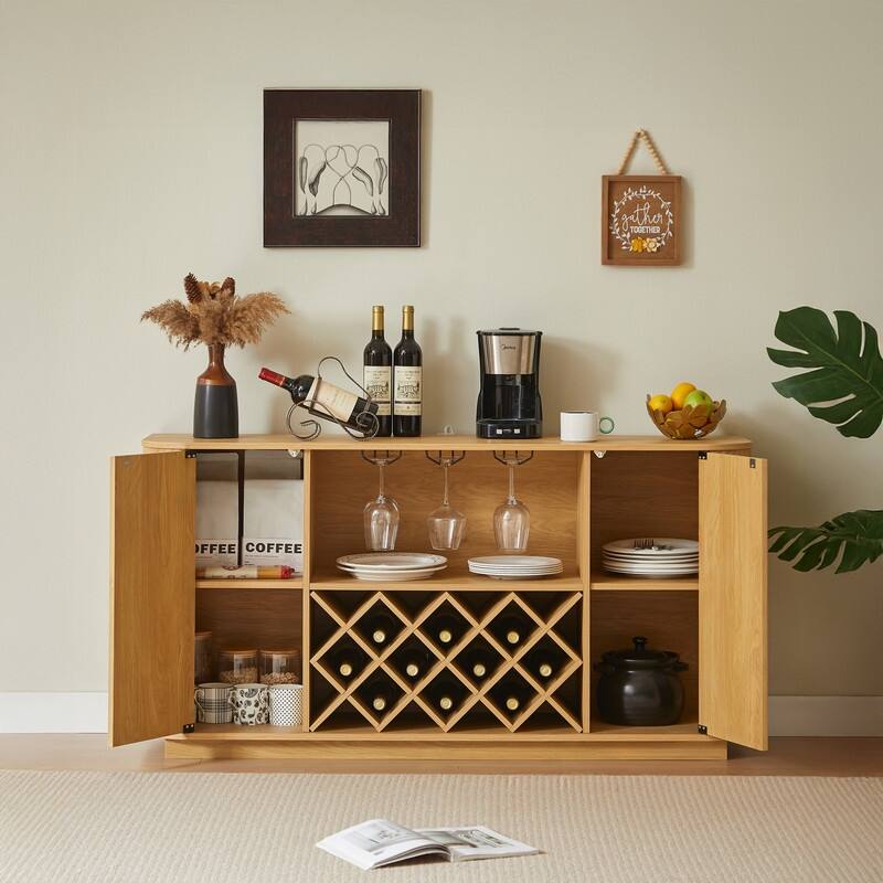 Modern 58" Fluted Curved Sideboard Multifunctional Storage Cabinet with Wine Rack and Adjustable Shelves