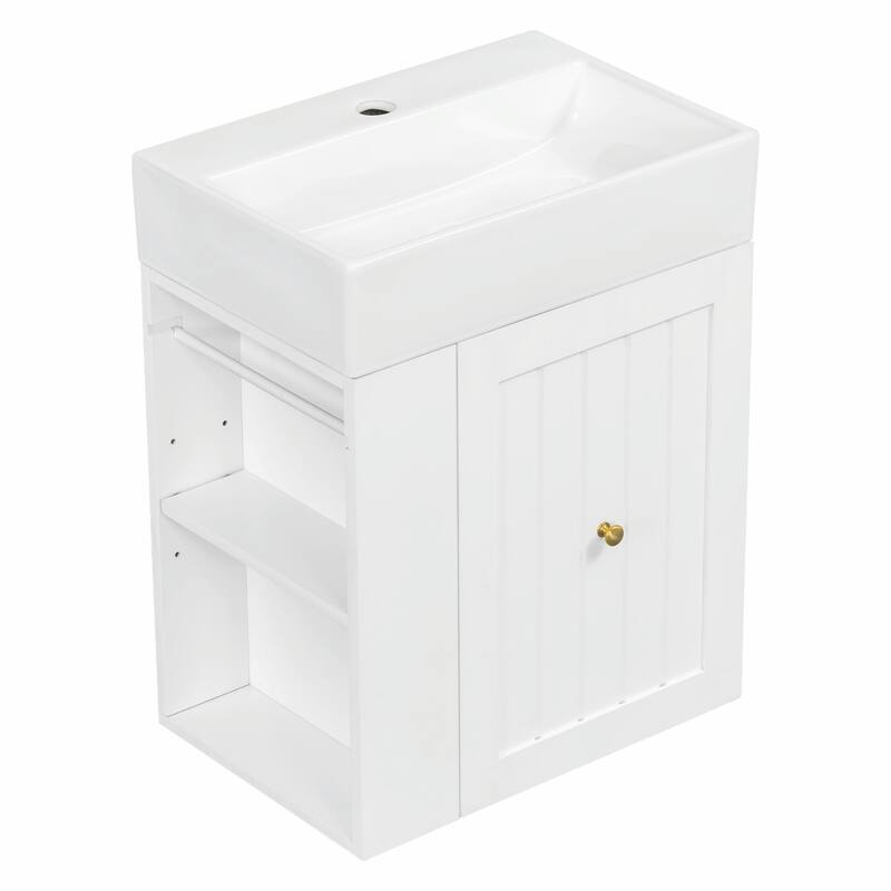 20-Inch Bathroom Vanity with Ceramic Sink - MDF Storage Cabinet with Drawer, Side Shelf and Silver Handle