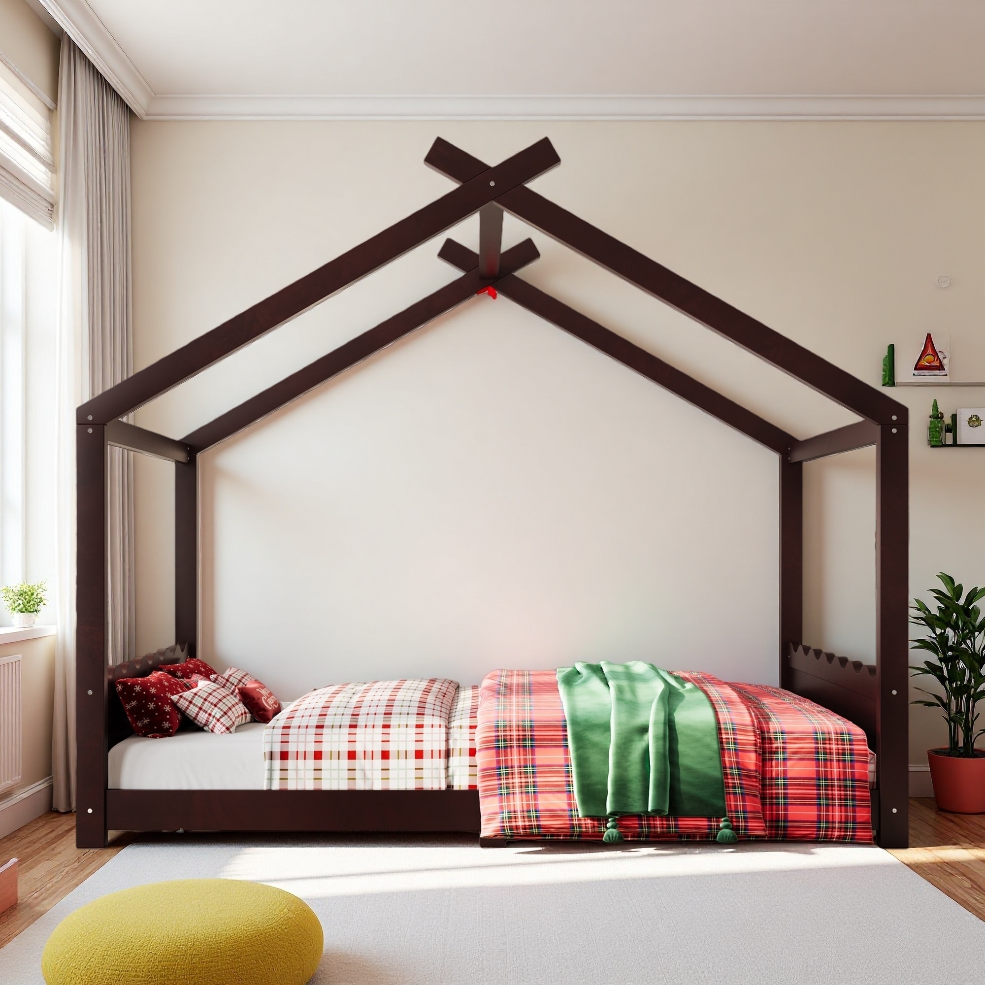 Queen Size Solid Wood Kids House Floor Bed with Support Slats, No Box Spring Needed, Easy Assembly, Montessori Low-Profile