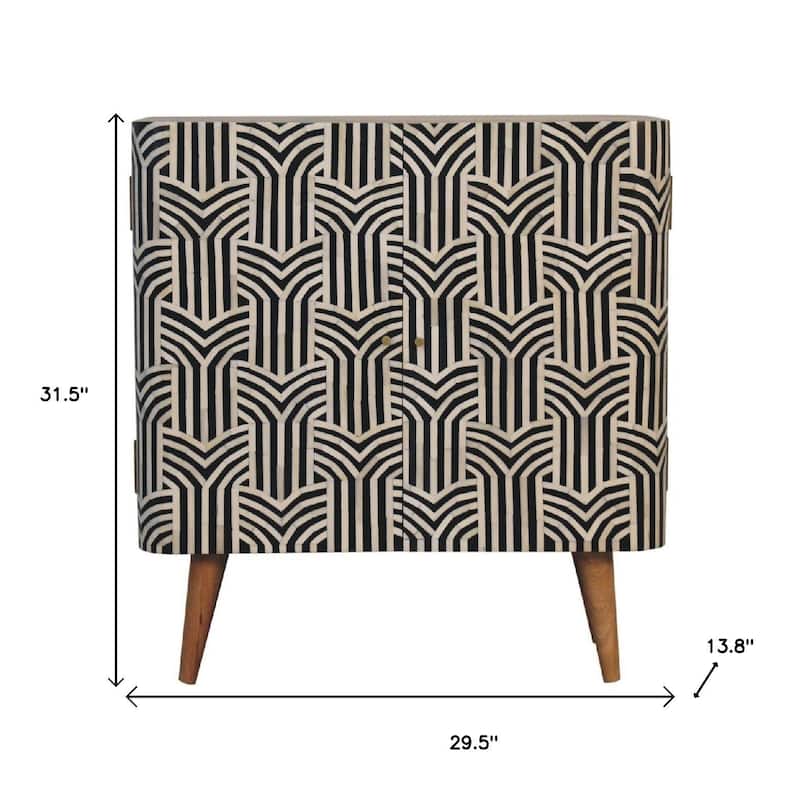 HomeRoots 32" Dark Brown Black and White Solid Wood And Inlaid Bone Textured Accent Cabinet With Two Doors
