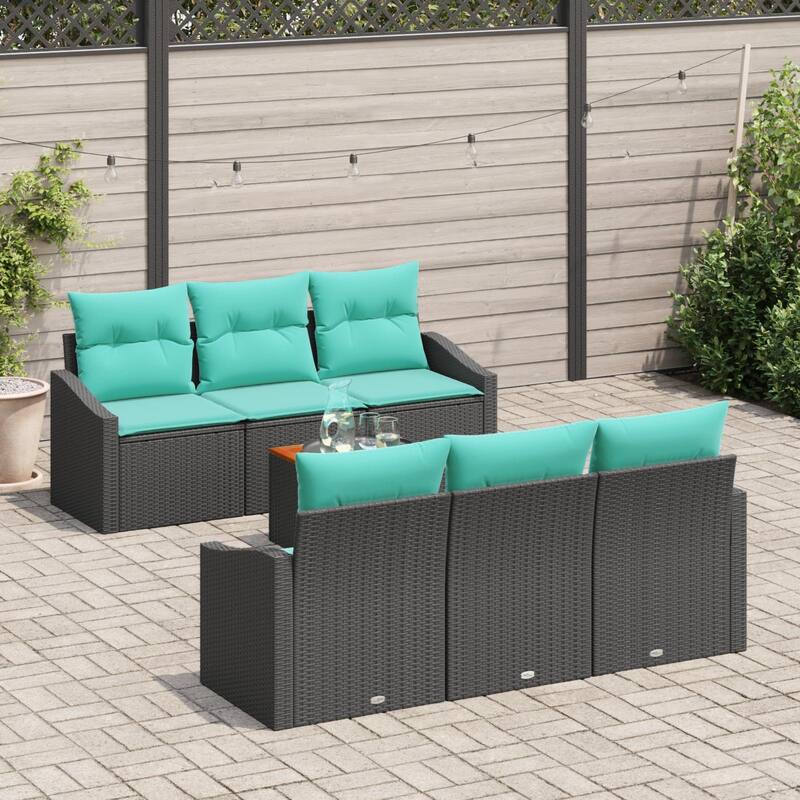 vidaXL 7 Piece Garden Sofa Set with Cushions Black Poly Rattan Acacia - 70.1×24.4×27.2