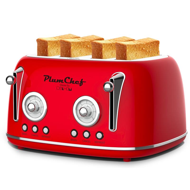 Anmytek Vintage 4-Slice Toaster - Dual Control with Warming Rack, 6 Browning Settings, 1650W Stainless Steel Red