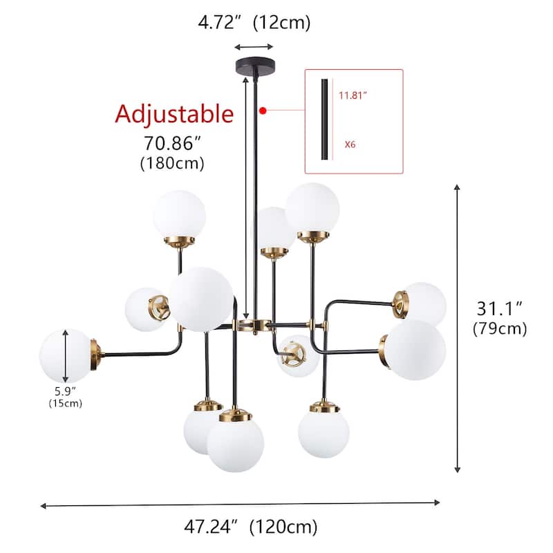 Modern Black 12-Light Sputnik Pendant Lamp with White Glass Shade