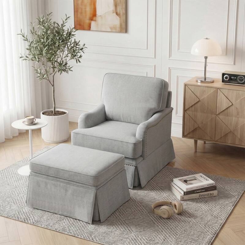 Modern Chenille Swivel Armchair and Storage Ottoman