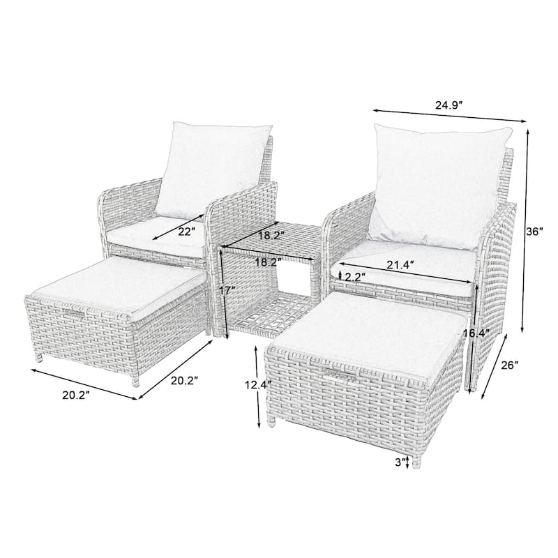 5-Piece PE Rattan Outdoor Patio Set with 2 Chairs, 2 Ottomans, Coffee Table