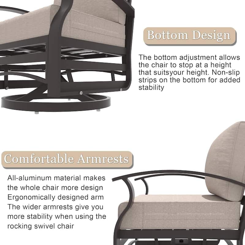 Kullavik 3Pcs Aluminum Rocking Chair Swivel Chairs Set with Glass Top Table & 5" Thick Cushion