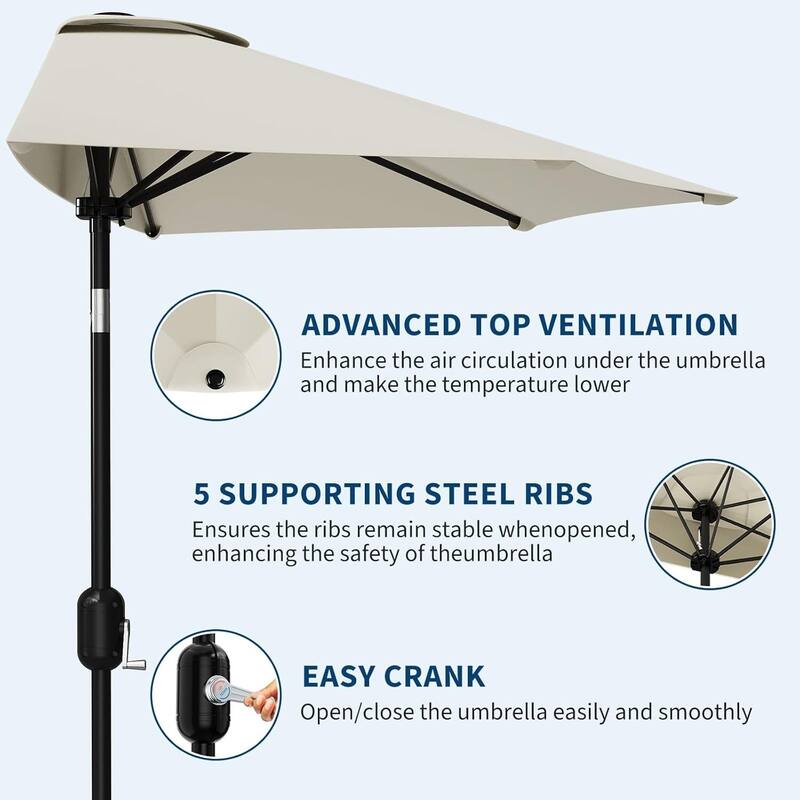9FT Half Patio Umbrella with Smooth Crank Lift, Shade Canopy for Patio, Backyard, Garden (No Base)