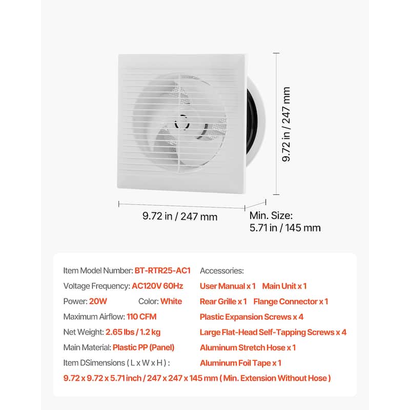 6 Inch Through The Wall Ventilation Fan 110 CFM Exhaust Fan AC Motor