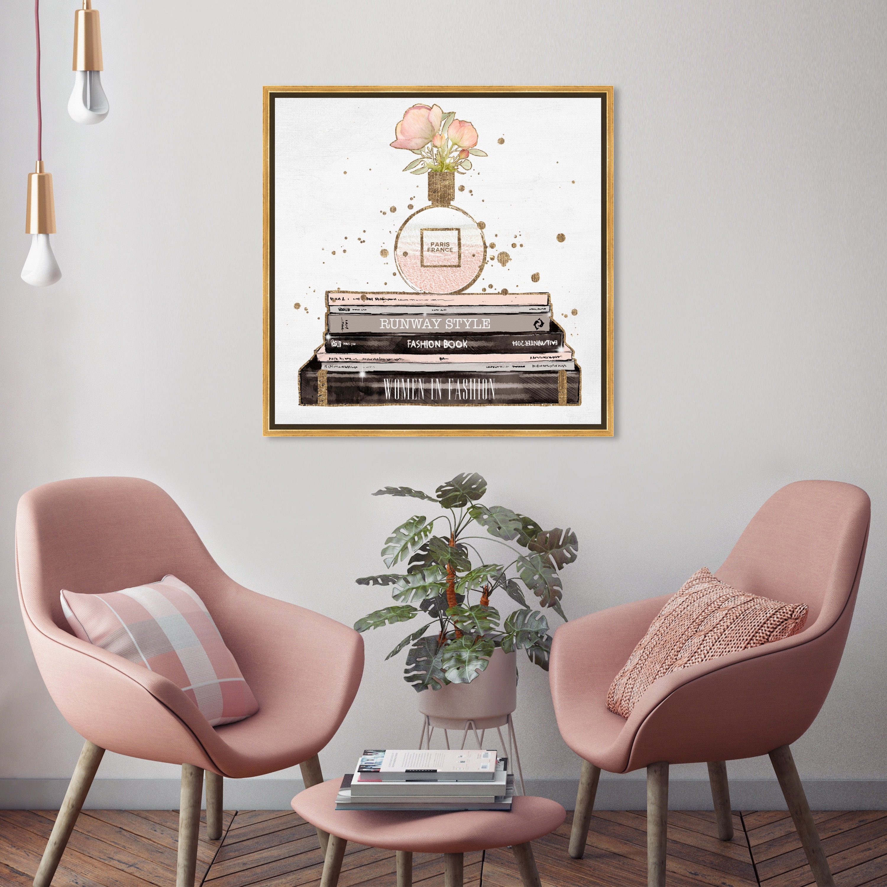 Oliver Gal 'Gold Florals on Books' Fashion and Glam Wall Art Framed Canvas  Print Perfumes - Gold, Pink