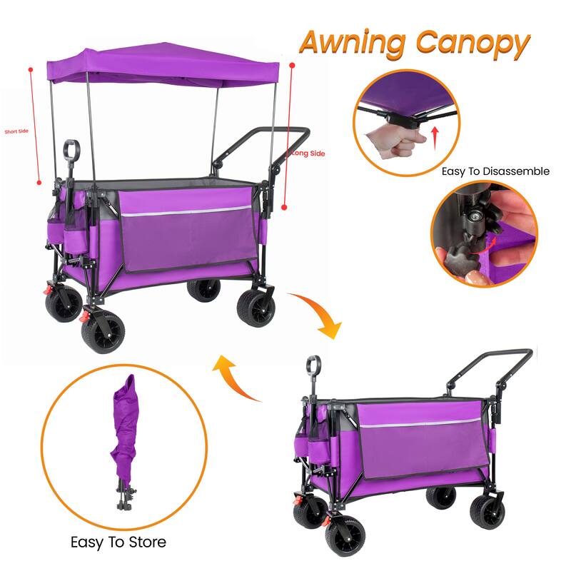 Multi-Functional Push-Pull Folding Wagon Cart with Rotating Handle & Canopy,7"x4"All-Terrain Wheels & Brakes,300L Large Capacity