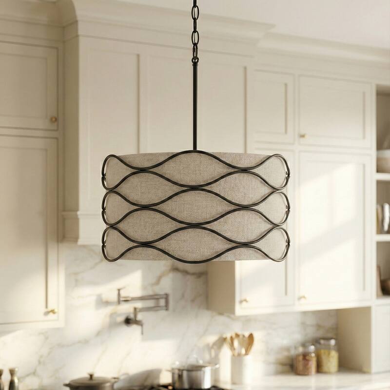 Acroma 4-light Modern Wave Frame Drum Chandelier with Fabric Shade