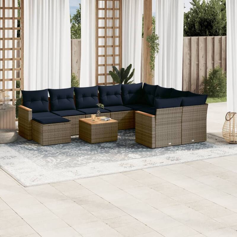 vidaXL 11 Piece Patio Sofa Set with Cushions Black/Gray Poly Rattan - 24.4 x 24.4 x 27.2 - Gray